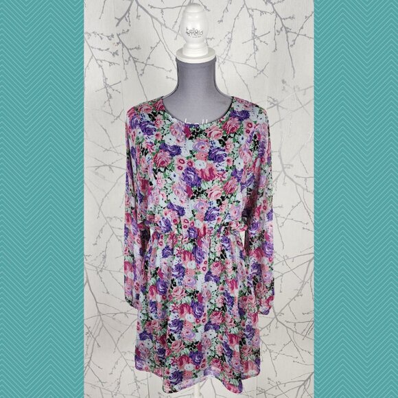 WAYF Pink Colorful Floral Chiffon Overlay Round Neck Mini Dress - Picture 1 of 5